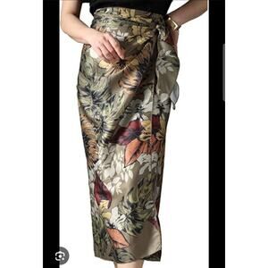 Autumn Floral Green Satin Feel Wrap Midi Skirt Sz S - M Boho Chic